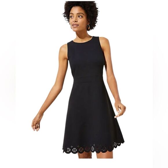 Loft A-Line Dress Black Ponte Eyelet Hem Dress - 12 - Great Condition - Picture 1 of 7
